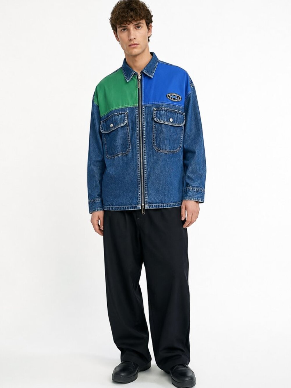 TOMMY HILFIGER MEN'S VINTAGE 90S SPORT TECH DENIM ZIP UP SHIRT - S